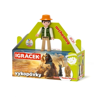 Efko Igráček Archeolog - figurka s egyptskými vykopávkami masky faraona a sošky bohyně Bastet