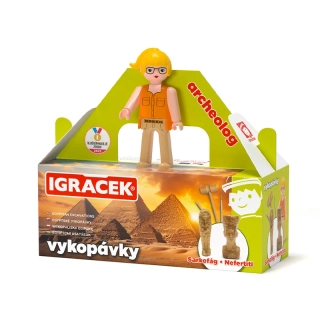 Efko Igráček Archeoložka - figurka s egyptskými vykopávkami sarkofágu a sošky Nefertiti